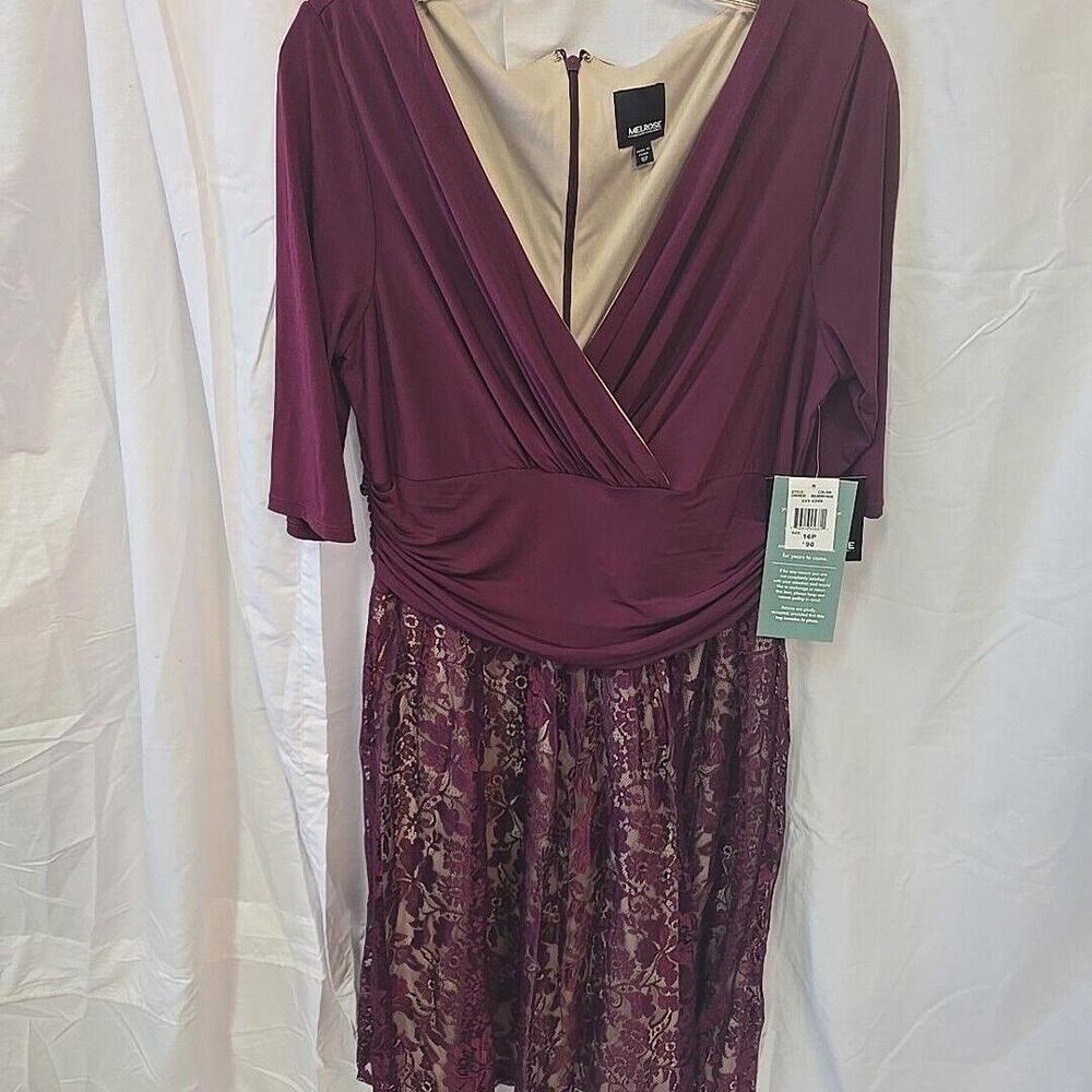 MELROSE: Mulberry/Nude Ruched Lace Chiffon Dress Elegant Romantic VTG Dress 16P